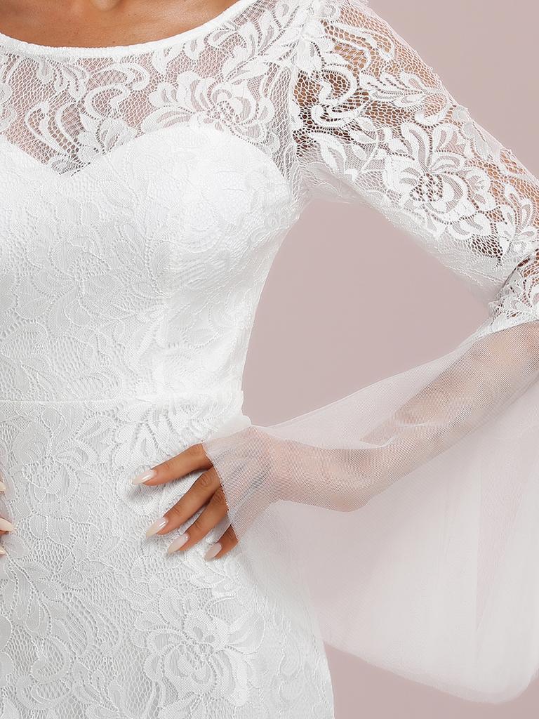 Всегда красивое женское облегающее свадебное платье с вырезом в форме сердца и рукавами-колокольчиками, кружевное облегающее платье русалки с аппликацией