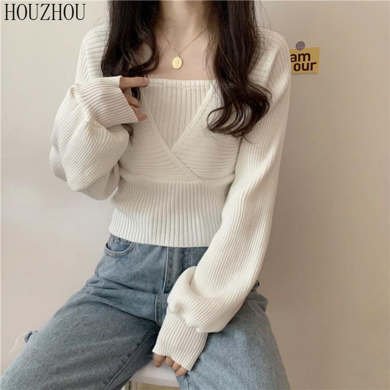 Дизайнерский вязаный свитер, весна-осень, рубашка с квадратным воротником, модный универсальный короткий свитер, топ с объемными рукавами