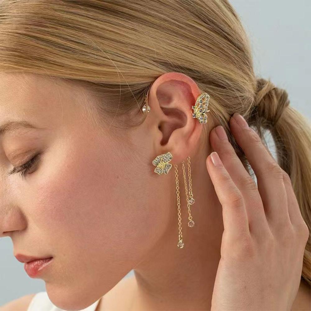 Zircon Flower Butterfly Ear Bone Clip for Women Without Piercing Tassel Ear Cuff Clip Earrings Wedding Valentine's Day Jewelry