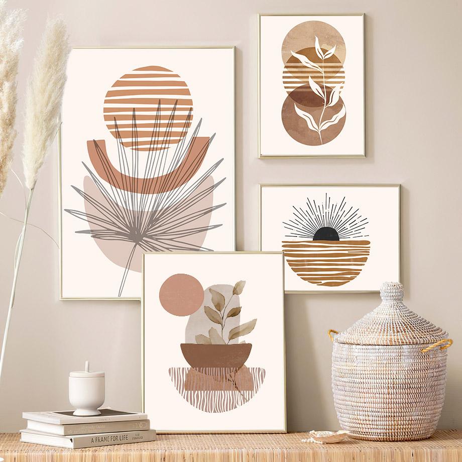 Leaves Sun Line Geometry Boho Wall Art Posters And Prints Abstract Nordic Gallery Canvas Painting Pictures For Living Room Decor
