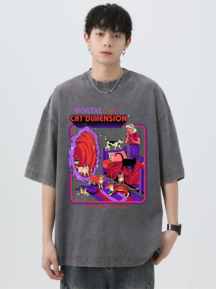 Принт «Портал в кошачье измерение» Стирка Ретро Мужская футболка Летняя Свободная Хлопковая Футболка Дышащая Одежда Оверсайз Повседневные Футболки