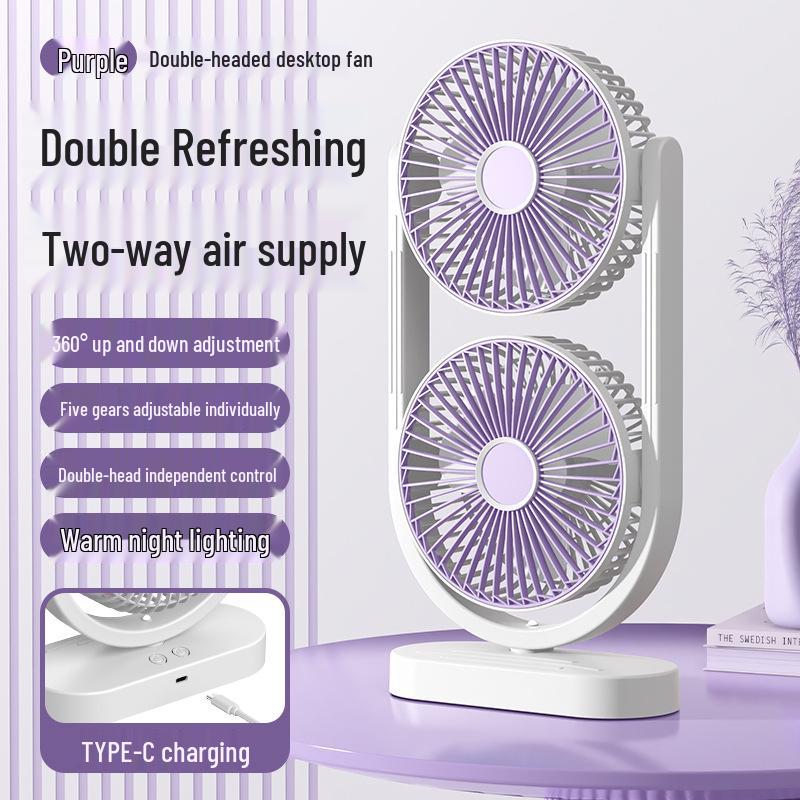 Dual-Head USB Rechargeable Night Light Fan for Air Circulation – Ideal for Outdoor, Dorm, or Office with Long Battery Life