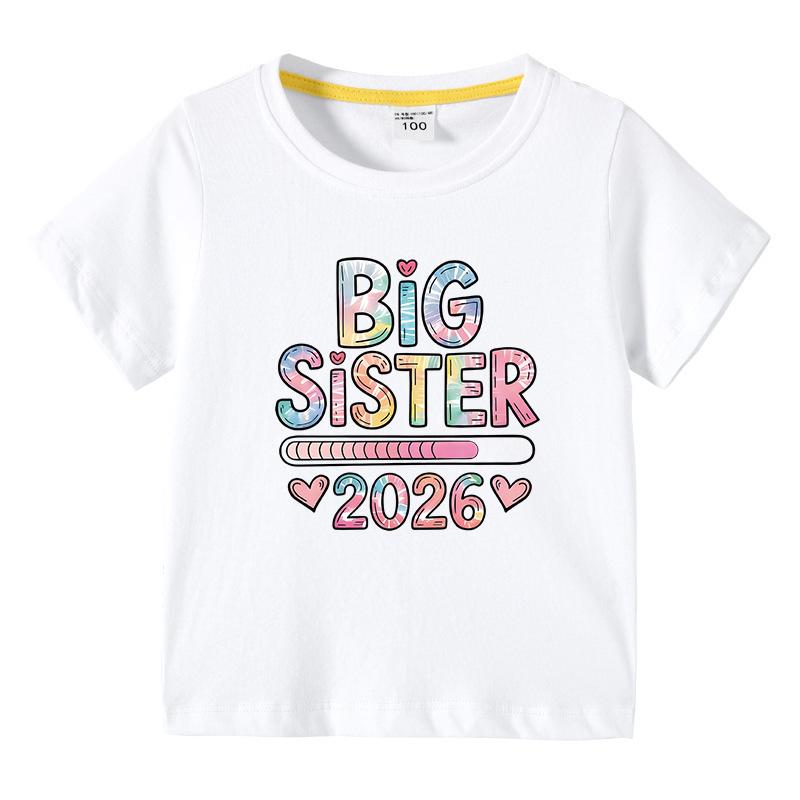 2026 New Girls Tshirt Big Sister Original Letter Printed Kids Summer Comfortable Pure Cotton Tees Childrens ONeck Tops