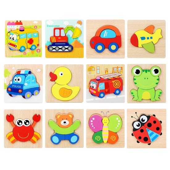 Toddlers Wooden Puzzle Animal Vehicle Cognition Preschool Early Education 3D Jigsaw Puzzle Colorful Block Assembly Toy Boys Girls Gift