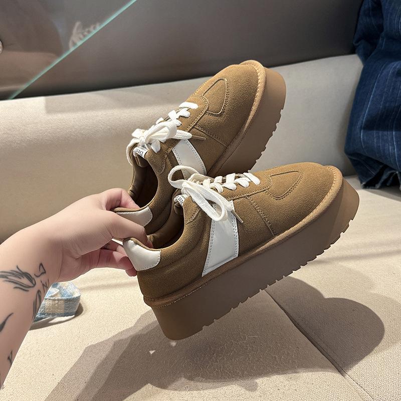 Ретро матовая кожа толстая подошва сочетание цветов немецкие тренировочные туфли женские осень и зима модные на шнуровке повседневные на плоской подошве спортивные туфли хлопок с