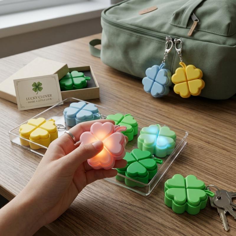 Stress Relief LED Keychain with Four-Leaf Clover Design Clickable Buttons for Everyday Use