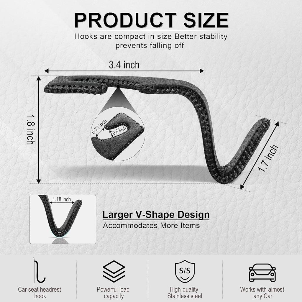 LivTee Black Superior Leather Car Seat Back Headrest Hook, Auto Seat Hook Hangers Interior Accessories For Purse Coats Umbrellas Grocery Bags