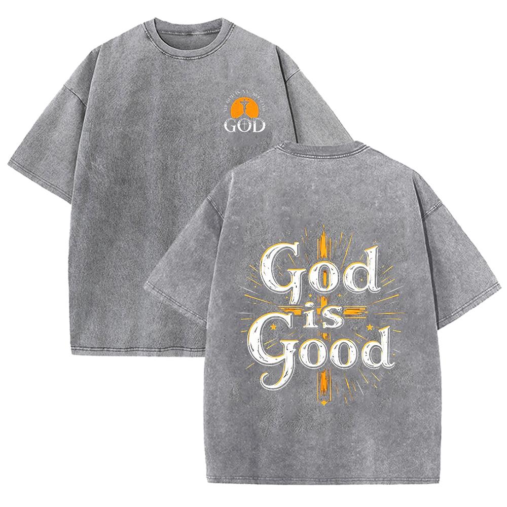 2026 Vintage Washed Black God Is Good Cross Graphic T Shirt Front Back Print Religious Faith Oversized Casual Short Sleeve Tee