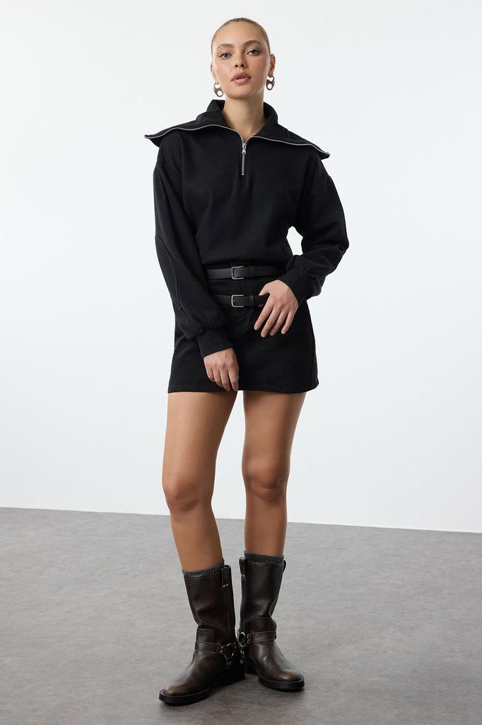 Women's Fashionable Stylish Sweatshirt Emerald Green Thessaloniki Knitwear Look Polo Neck Zippered Regular Knitted Sweatshirt