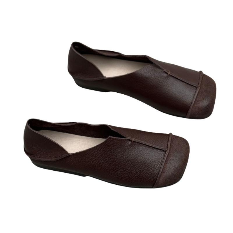 Genuine Leather Single Shoes for Spring and Summer Artistic Square Toe Flat Shoes for Lazy People Soft Cowhide Women's Shoes