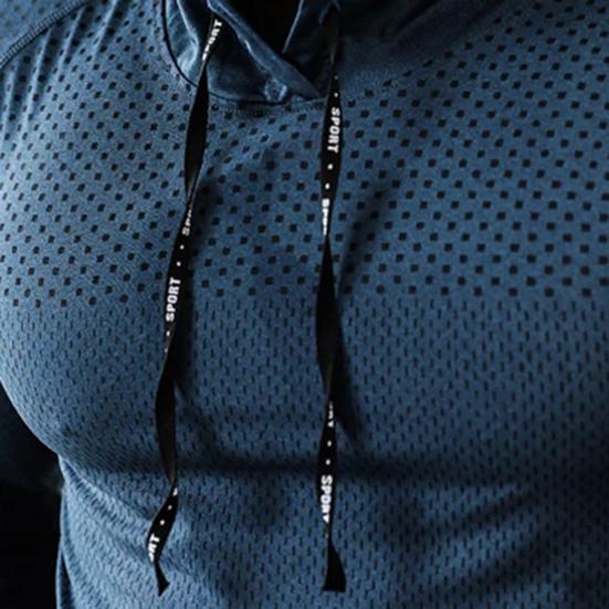 Men Sport Top Drawstring Hooded Long Sleeve Slim Fit Soft Breathable High Elasticity Quick Dry Hollow Mesh Jogging Training Summer Spring Sweatshirt