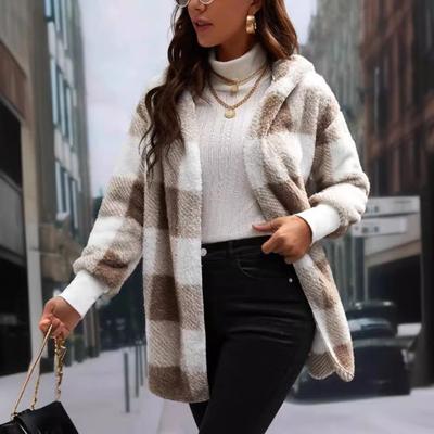 Зимний свитер, пальто с принтом в клетку, с капюшоном, толстый ветрозащитный кардиган с открытой строчкой, верхняя одежда, куртка средней длины из плюша для школьных путешествий