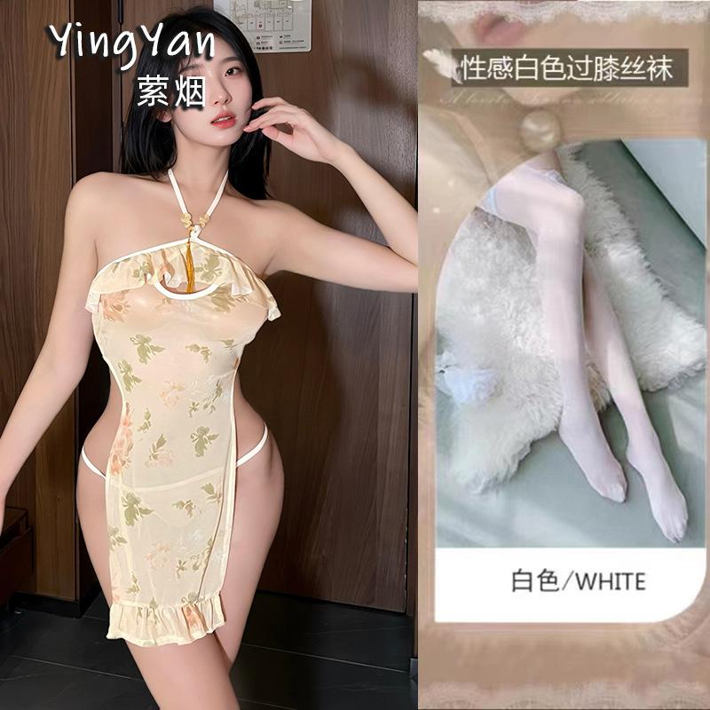 Yingyan's new sex underwear is elegant and floral, see-through open-chest cheongsam, sexy and pure flirting, so as not to show your buttocks.
