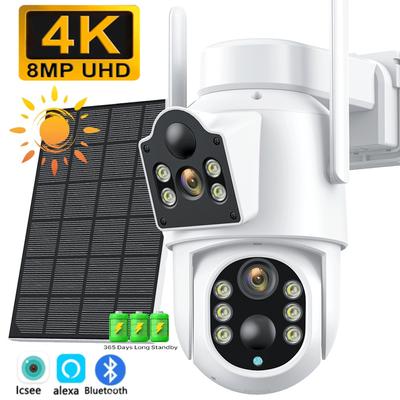 Беспроводная солнечная Wi-Fi PTZ уличная 4K 8MP камера с двумя объективами, низким энергопотреблением, аккумуляторная камера безопасности, цветное ночное наблюдение Icsee