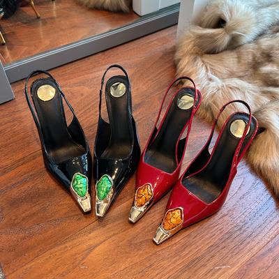 Женские туфли на высоком каблуке, новые, тонкий каблук, квадратный носок, металлический каблук с драгоценным камнем, королевские, сексуальные, одинарные туфли с пальто, черные