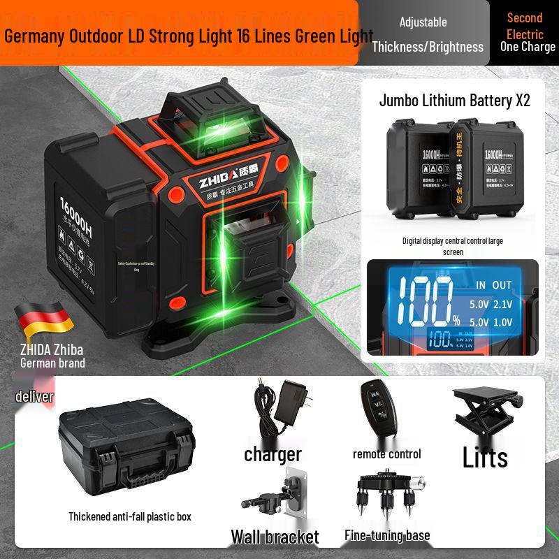 12-линейный высокоточный зеленый инфракрасный уровень с автоматическим креплением к наружной стене и самовыравниванием