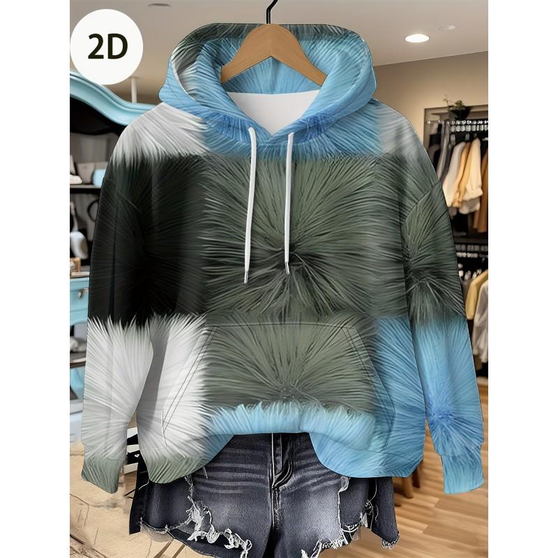 Womens Relaxed Fit Hooded Long Sleeve Sweatshirt With 3D Floral Plaid Print Breathable Comfort Casual Top