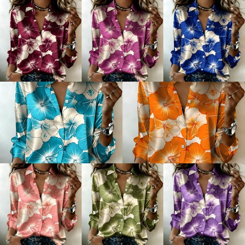 Women Satin Long Sleeve Shirt Tropical Hibiscus Floral Print Blouse Lapel Single Breasted Loose Office Tops