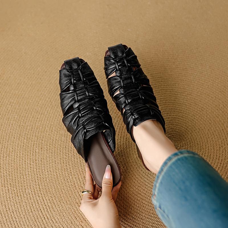 Мода 2025 Лето Новая Натуральная Кожа Ретро Полу-драг Мюли Женские Женские Высокий Каблук Квадратный Носок Повседневная Обувь Женские Шлепанцы