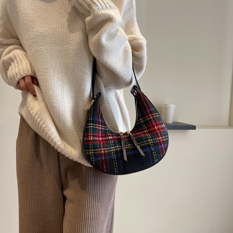 PU Leather Small Bag for Women Grid Striped Half Moon Shoulder Bags Retro Female Underarm Bags Girls New