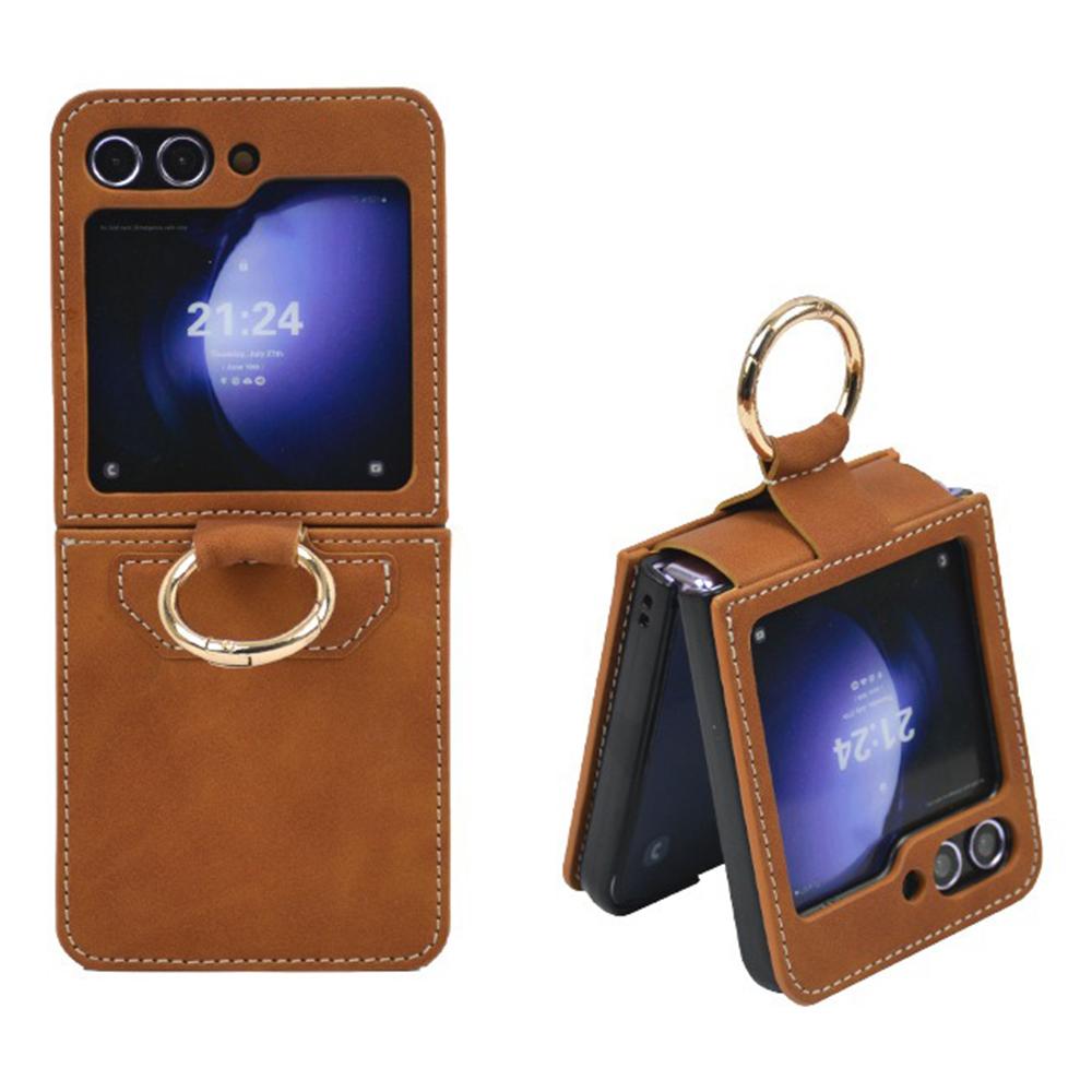For Samsung Galaxy Z Flip5 5G Case Leather Coated PC Phone Cover with Ring Kickstand
