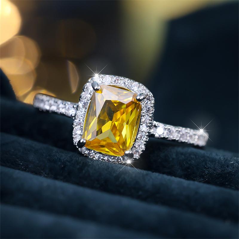 Модное серебристое кольцо прямоугольной огранки с желтым камнем, роскошное обручальное кольцо с любовью, свадебные украшения