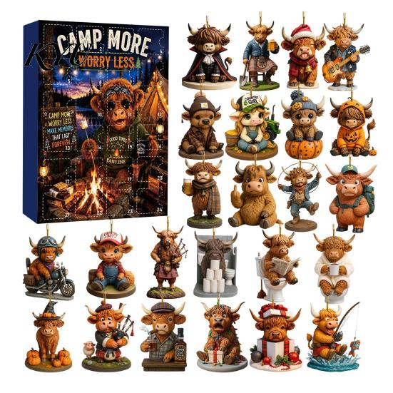 Christmas Tree Wall Bag Decorations 2026 Highland Cow Advent Calendar, 2D Flat Acrylic Unique Ornament Series Ornaments, 24 Days Countdown Gift