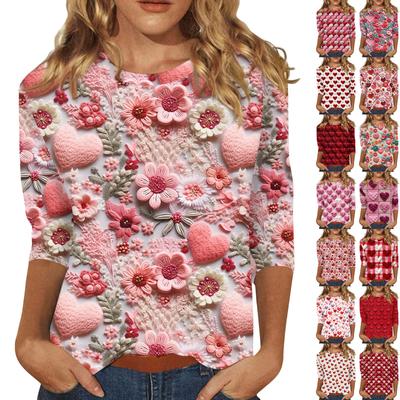 Женская мода повседневная кофта с разрезом на рукаве 3/4 и принтом ко Дню святого Валентина с круглым вырезом