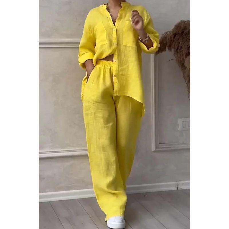 Женский однотонный комплект из рубашки с длинным рукавом и брюк клеш 2024