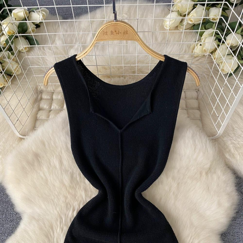 Foamlina Pure Color Knitting Dress для женщин Элегантный V-образный вырез без рукавов Летняя мода Тонкий вырез вечернее длинное платье
