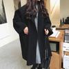 Elegant Black Faux Wool Outer Wear for Women Autumn Winter Korean Style Mid Length Loose Woolen Coat