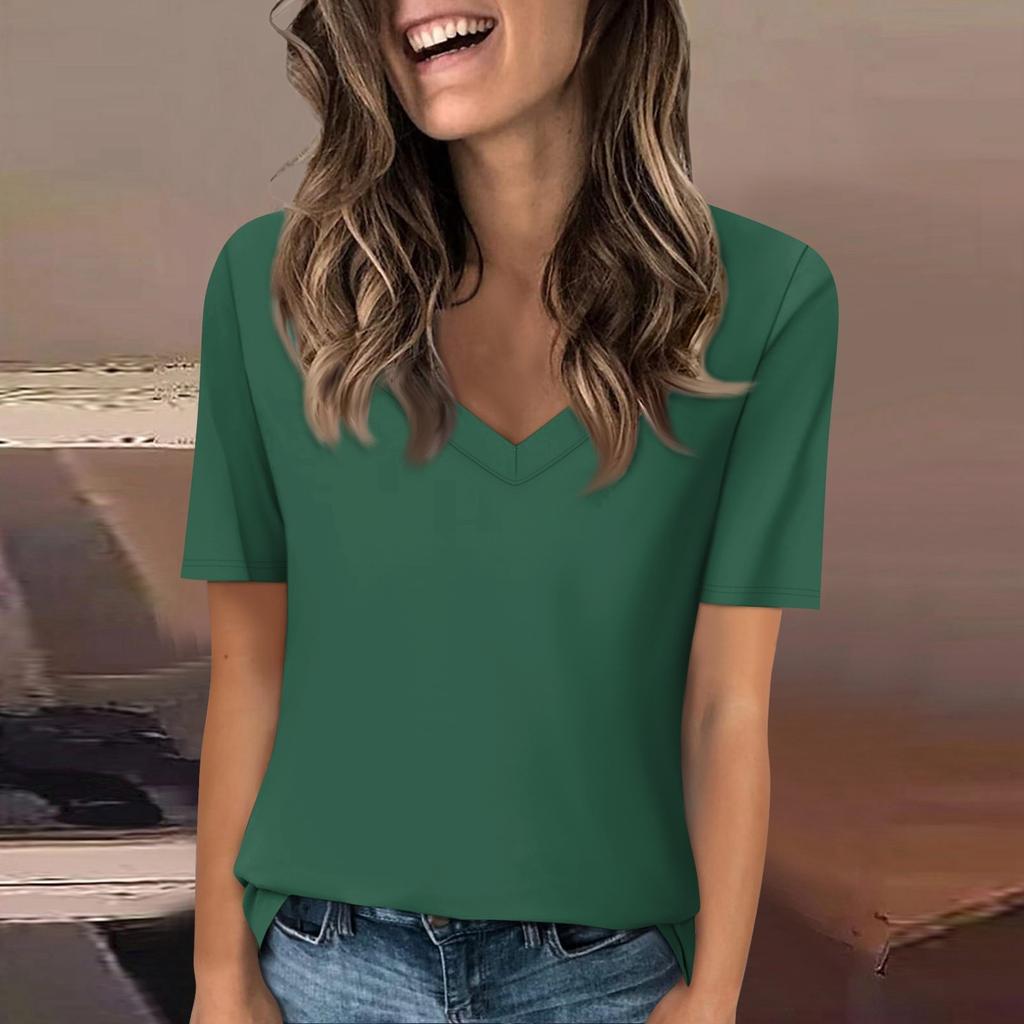 Женская футболка с v-образным вырезом, топ с короткими рукавами, повседневная однотонная футболка