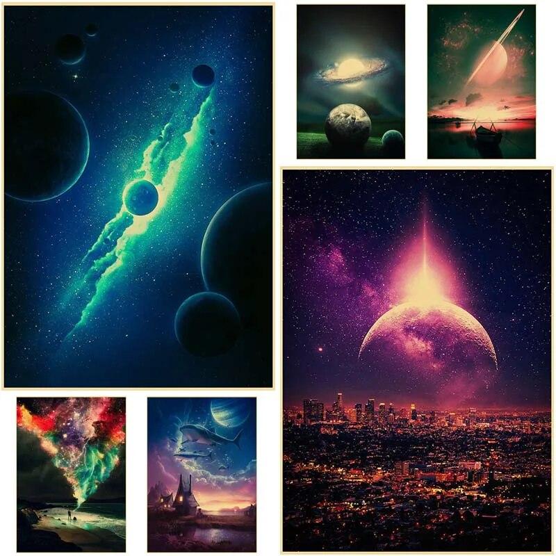 Абстрактные космические плакаты из крафт-бумаги, принты в стиле ретро, ​​домашний декор, украшения для гостиной, картины для бара, кафе, фотографии