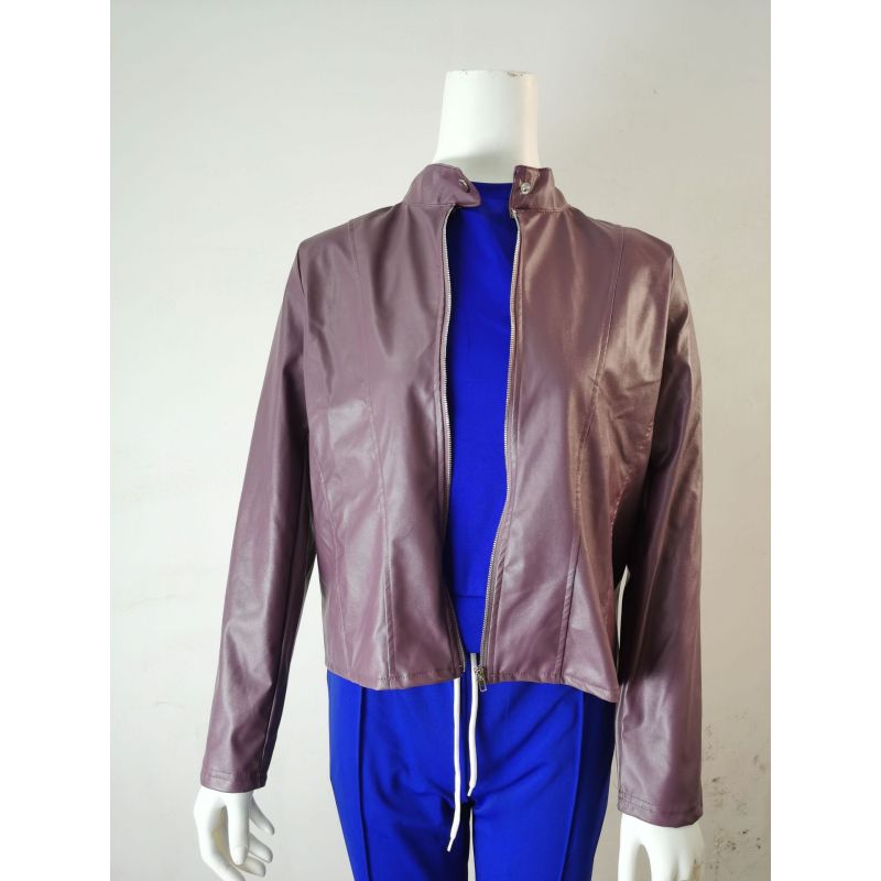 Однотонная женская байкерская куртка из искусственной кожи с длинным рукавом и воротником-стойкой на молнии