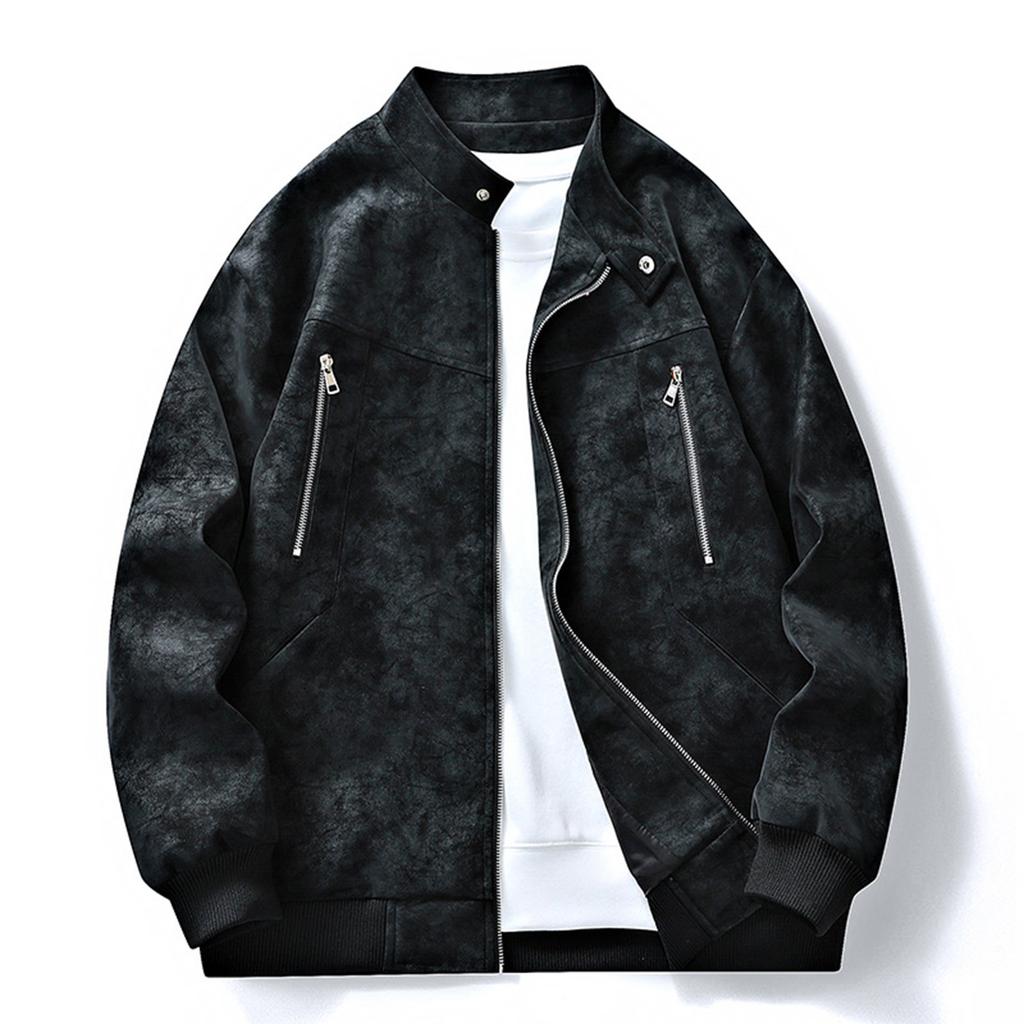 Men's Solid Color Zipper PU Leather Stand Collar Jacket Casual Sports Motorcycle Style Jacket
