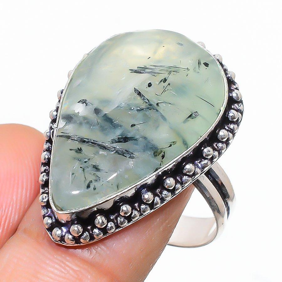 Prehnite Gemstone Handmade 925 Sterling Silver Jewelry Ring Size 8 SU-7403