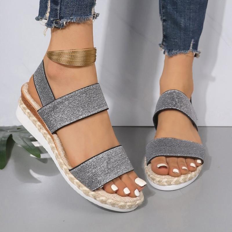 2024 Summer Women's Fashion Trend Non-slip Wear-resistant Comfortable Hemp Rope Sole Stretch Fabric Sequined Flat Sandals