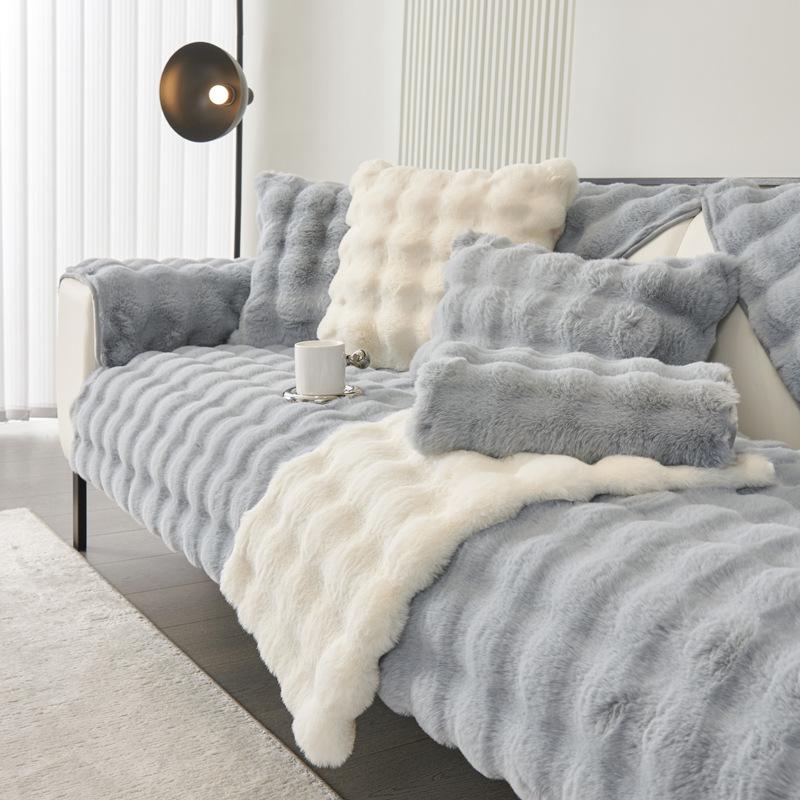 Winter Thickened Rabbit Plush Sofa Cushion Solid Colour Warm Sofa Cover Non-Slip Living Room Decorative Sofa Soft Backrest Towel