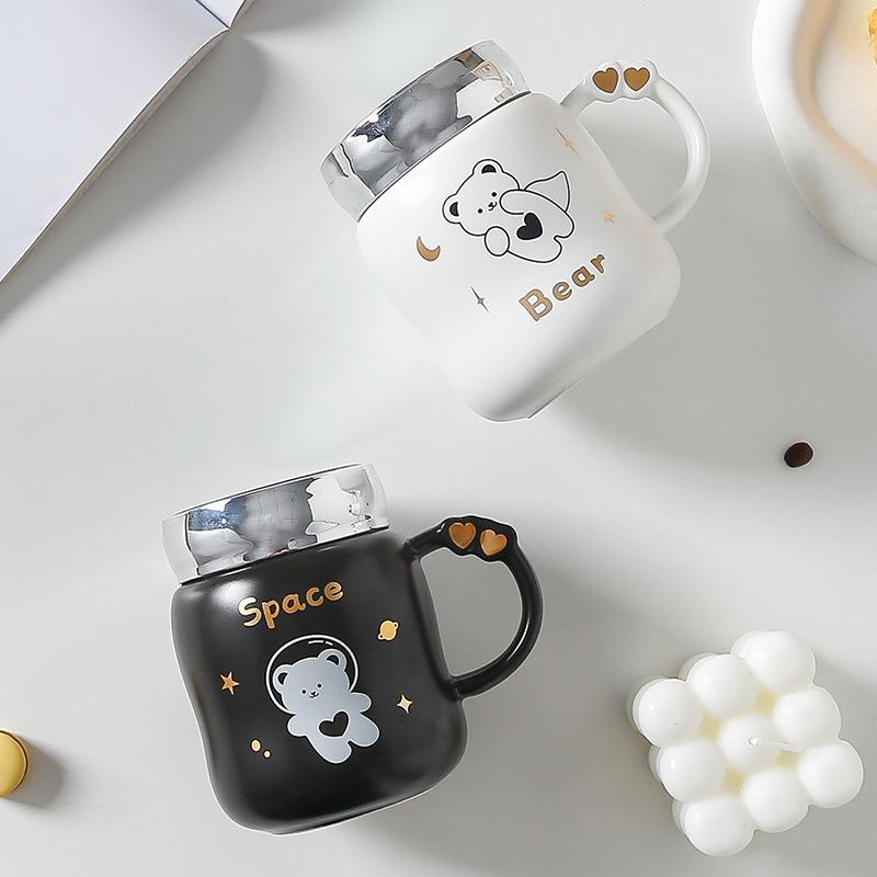 Пара керамическая чашка с крышкой, зеркальная чашка, милая кружка в виде медведя, девушка, большая емкость для воды, студенческая чашка