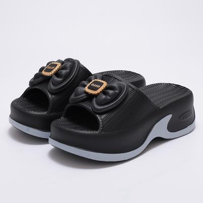 Модные шлепанцы для женщин с улыбкой 6 см, с круглым носком и бантом, летние, новая мода, толстая подошва, EVA, универсальные, женские туфли на высоком каблуке