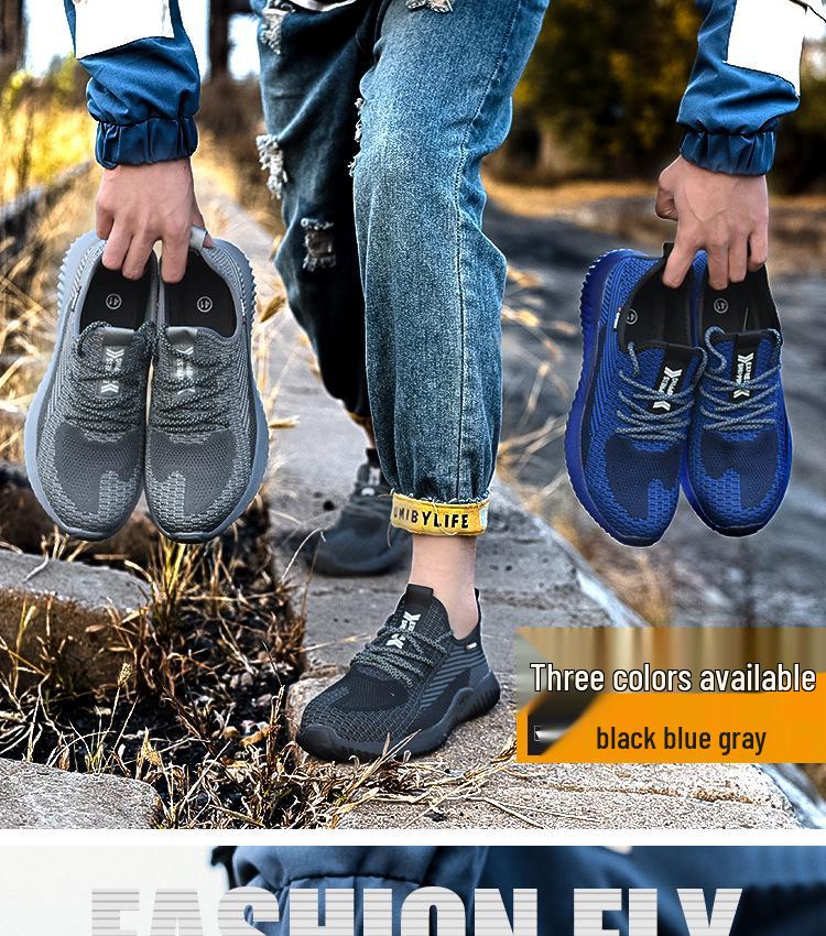 Мужские дышащие рабочие ботинки Flyknit со стальным подноском - Мягкая подошва, Защитная обувь от ударов для летнего строительства