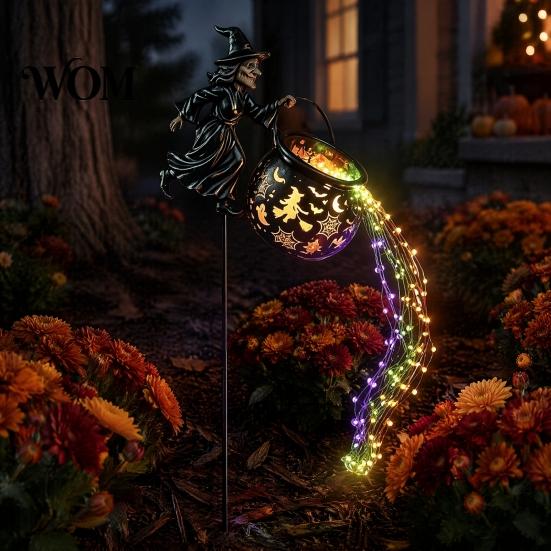 Mysterious Witch Kingdom Prop Halloween Cauldron Yard Light, Flying Silhouette Garden Stake with Colorful Weatherproof Light LED, Spooky Outdoor