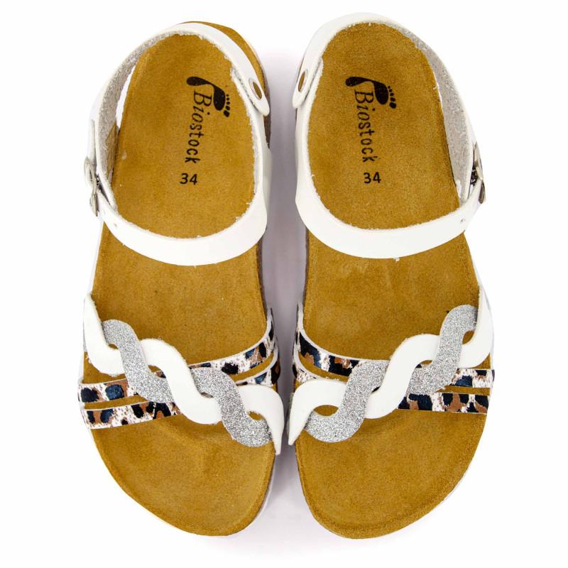 Белые плетеные серебристые босоножки с тройными ремешками и леопардовым принтом Детский BIOSTOCK