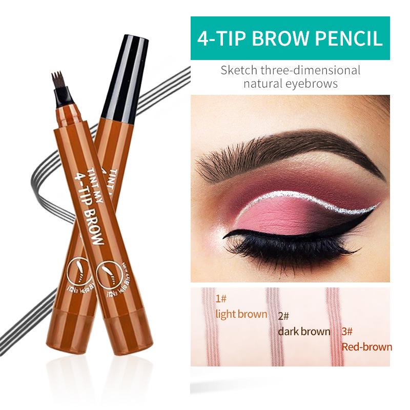 Bilingual Four-Prong Liquid Eyebrow Pen - Micro-Carved Korean Style, Long-Lasting, Sweatproof & Waterproof.