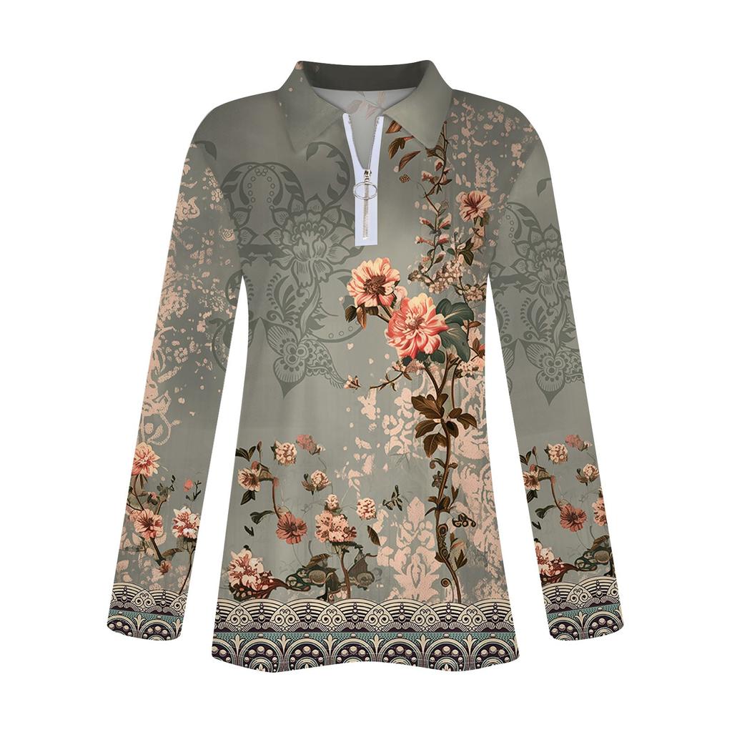 Women's Spring And Autumn Fashion Casual Printed Zipper V-Neck Long Sleeve Shirt Tops