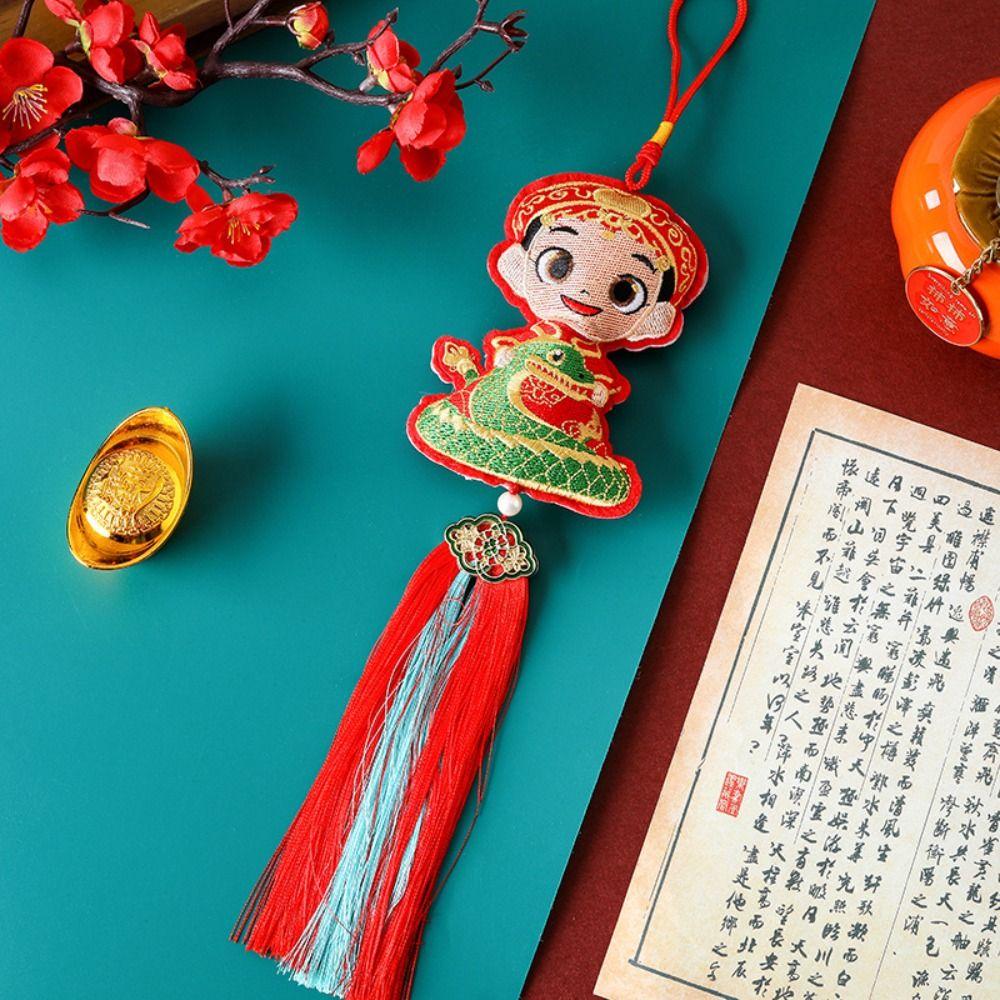 Traditional Embroidery Snake Wind Chimes Handmade Hanging New Year Pendants with Tassels Chinese Lucky Bag Pendants
