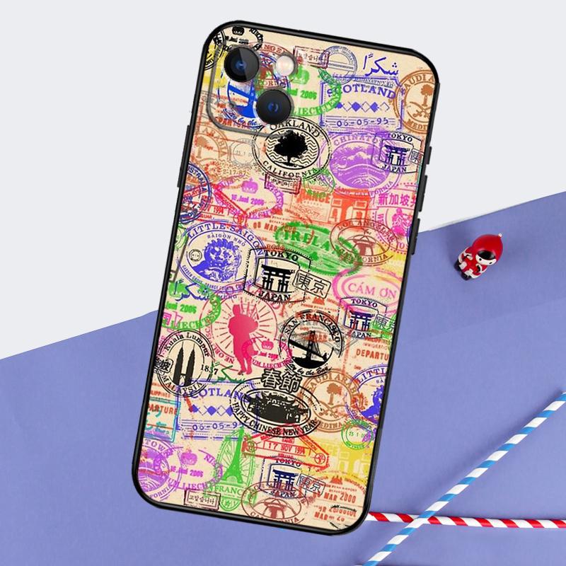 Retro Post Card Passport Stamps Phone Case For iPhone 16 Pro 15 Pro 11 12 13 14 Pro Max Mini XR 16e 15 16 Plus Cover Shell