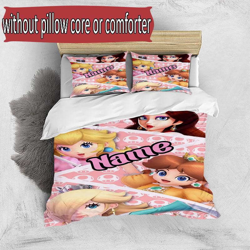 3pcs Duvet Cover Set (1*Duvet Cover + 2*Pillowcase, Without Core), Custom Name Princess Peach Toadstool Pattern Bedding Set, Home Bedroom Decor Gift
