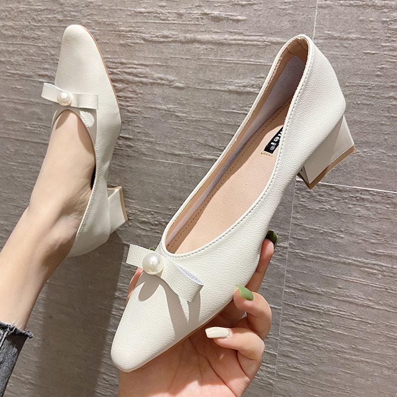 Thick Heel Professional Shoes Women New Korean Style Bowknot Pearl Shoes Women