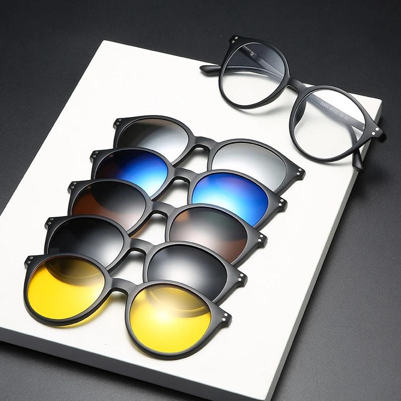 5 в 1 Магнитные Солнцезащитные Очки Женские Очки на Зажиме Мужские Круглые Оптические Очки для Чтения Солнцезащитные Очки для Вождения F